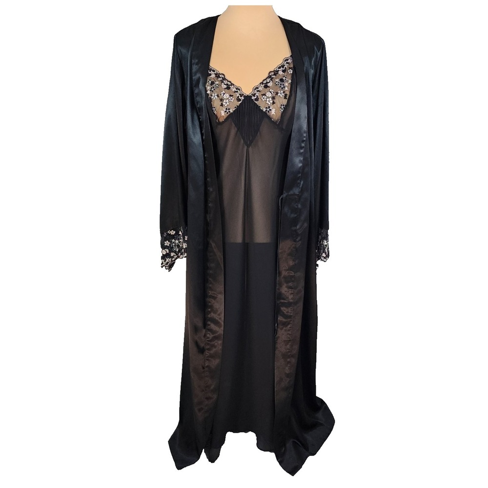 Vtg Valerie Stevens Black Satin w Lace Peignoir Set Sz M Robe Negligee Feminine